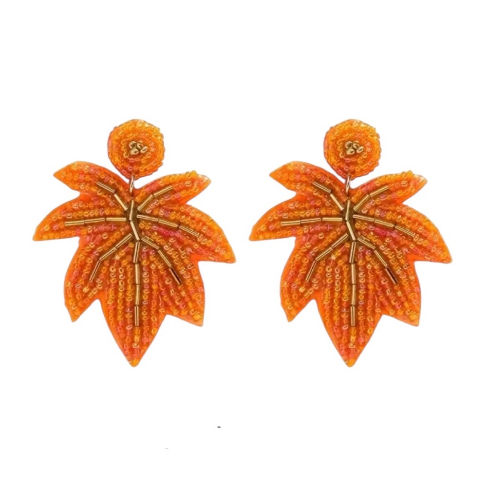 Orange Beaded Maple Leaf Earrings